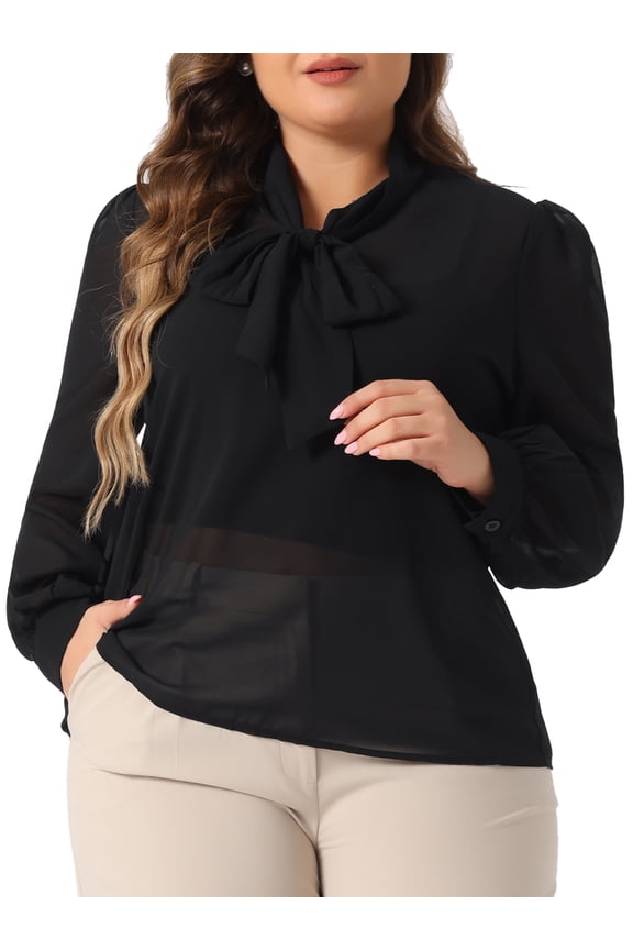 Women's Plus Size Sheer Chiffon Bow Tie Neck Long Sleeve Blouse 2X Black