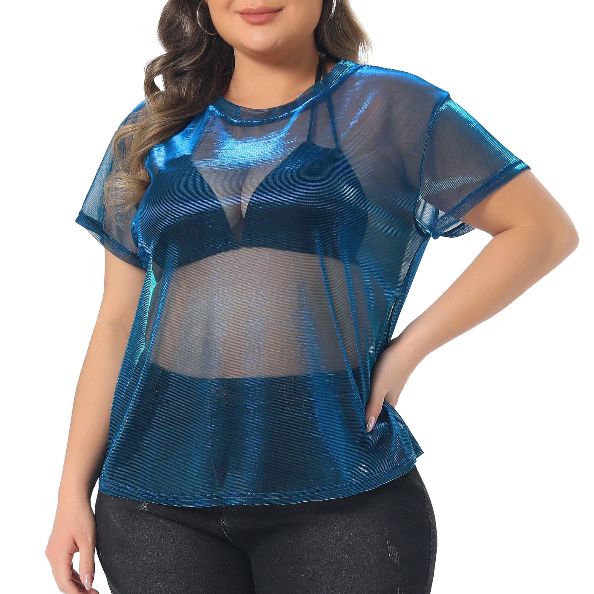 DARING DIVA Women's Plus Size Sheer Mesh Holographic See Through Blouse 1X Blue