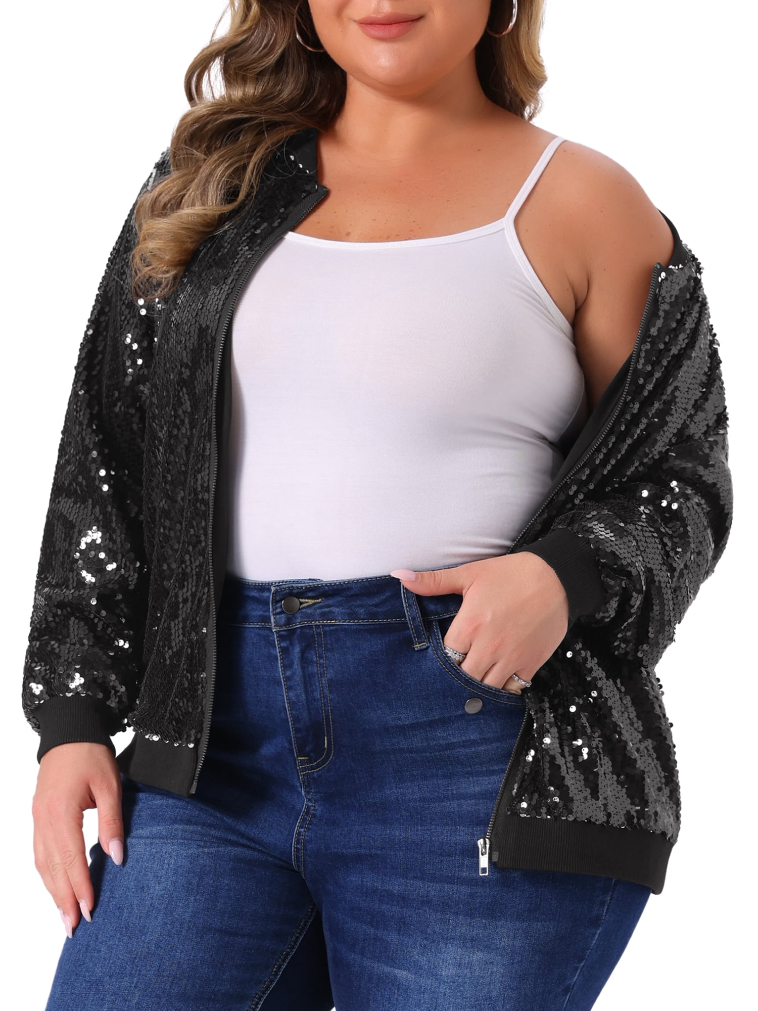 DARING DIVA Women's Plus Size Shiny Glitter Sequin Bomber Jacket 2X Black