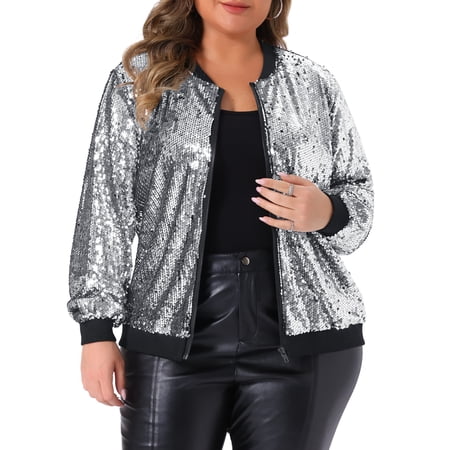 DARING DIVA Women's Plus Size Shiny Glitter Sequin Bomber Jacket 4X Silver