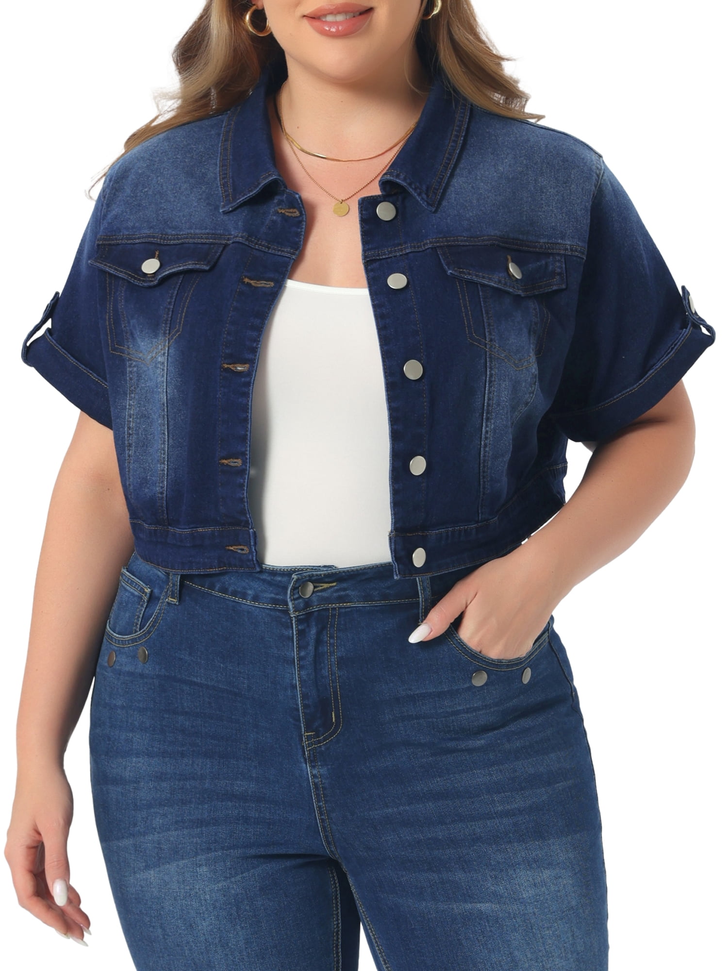 DARING DIVA Women's Plus Size Short Sleeve Button Cropped Jean Jacket 1X Black Blue