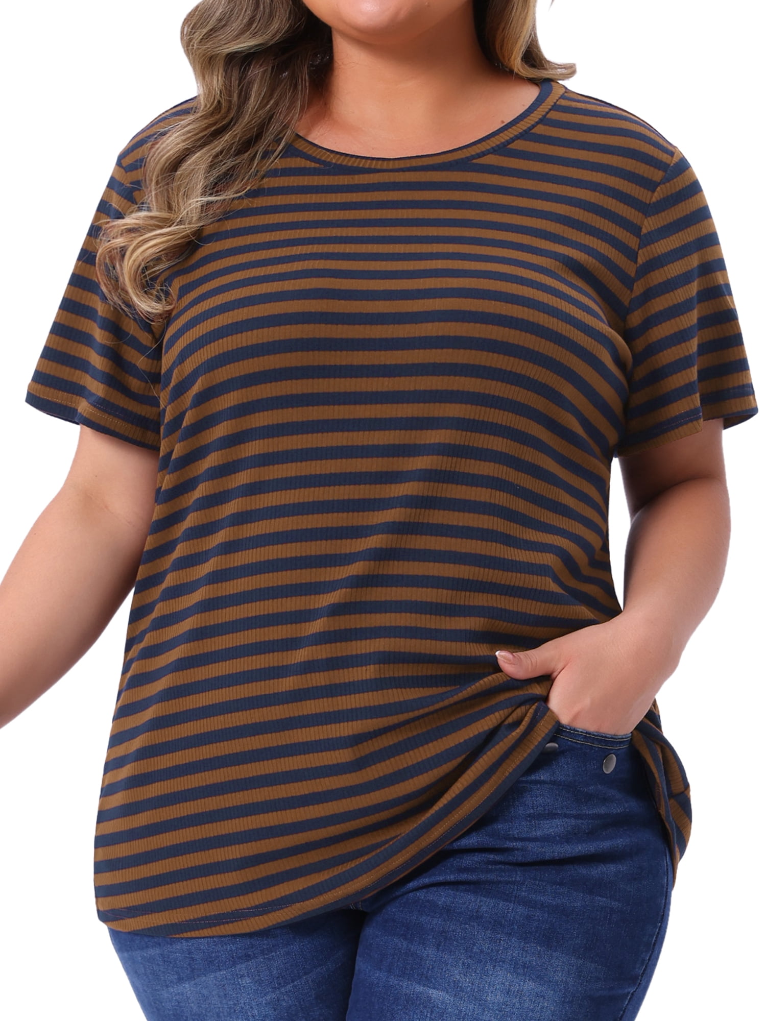 DARING DIVA Women's Plus Size Short Sleeve Crew Neck Striped Top 4X Brown