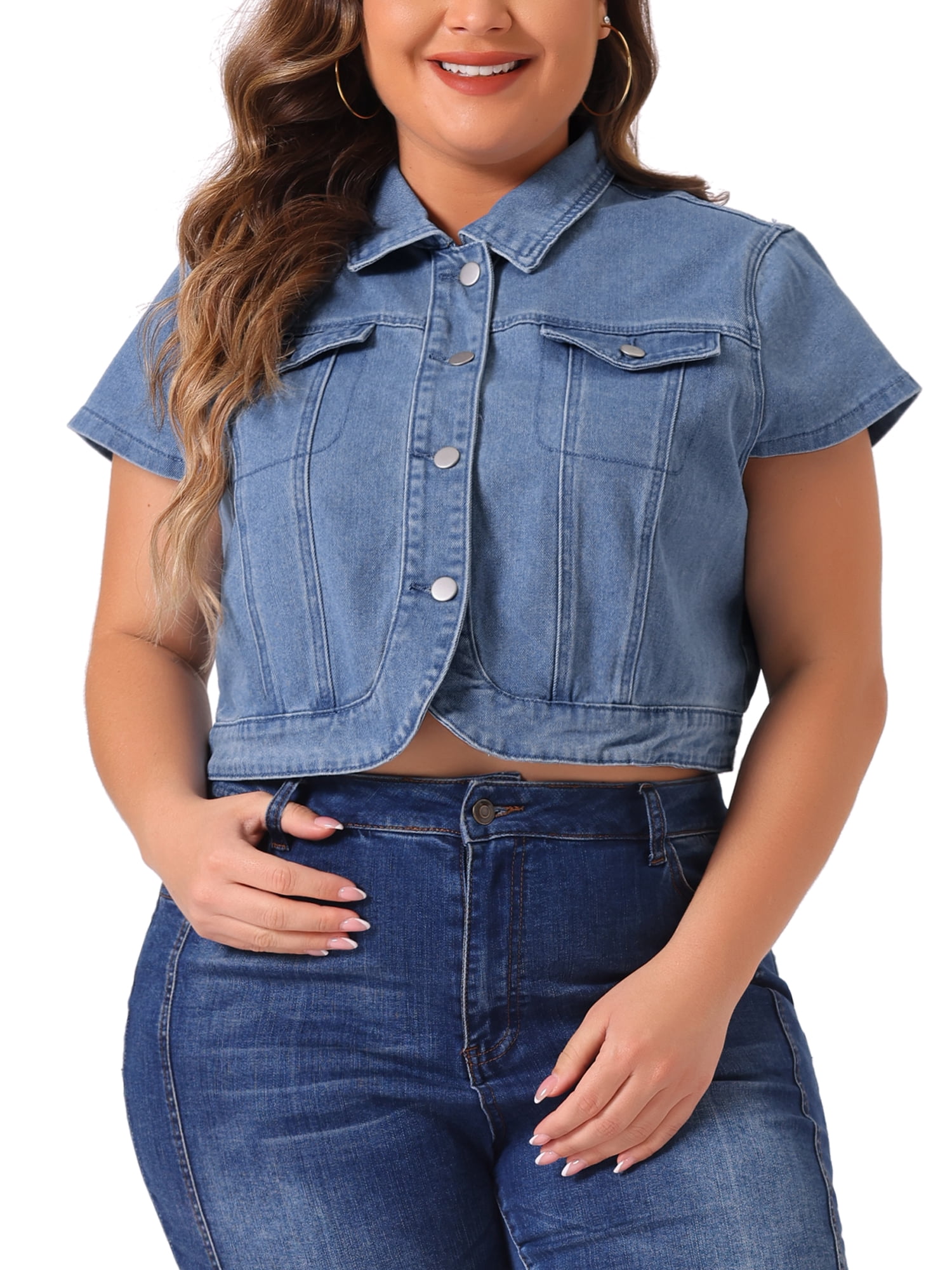 DARING DIVA Women's Plus Size Short Sleeve Denim Button Down Cropped Jacket 3X Light Blue