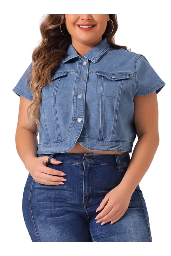 Women's Plus Size Short Sleeve Denim Button Down Cropped Jacket 3X Light Blue
