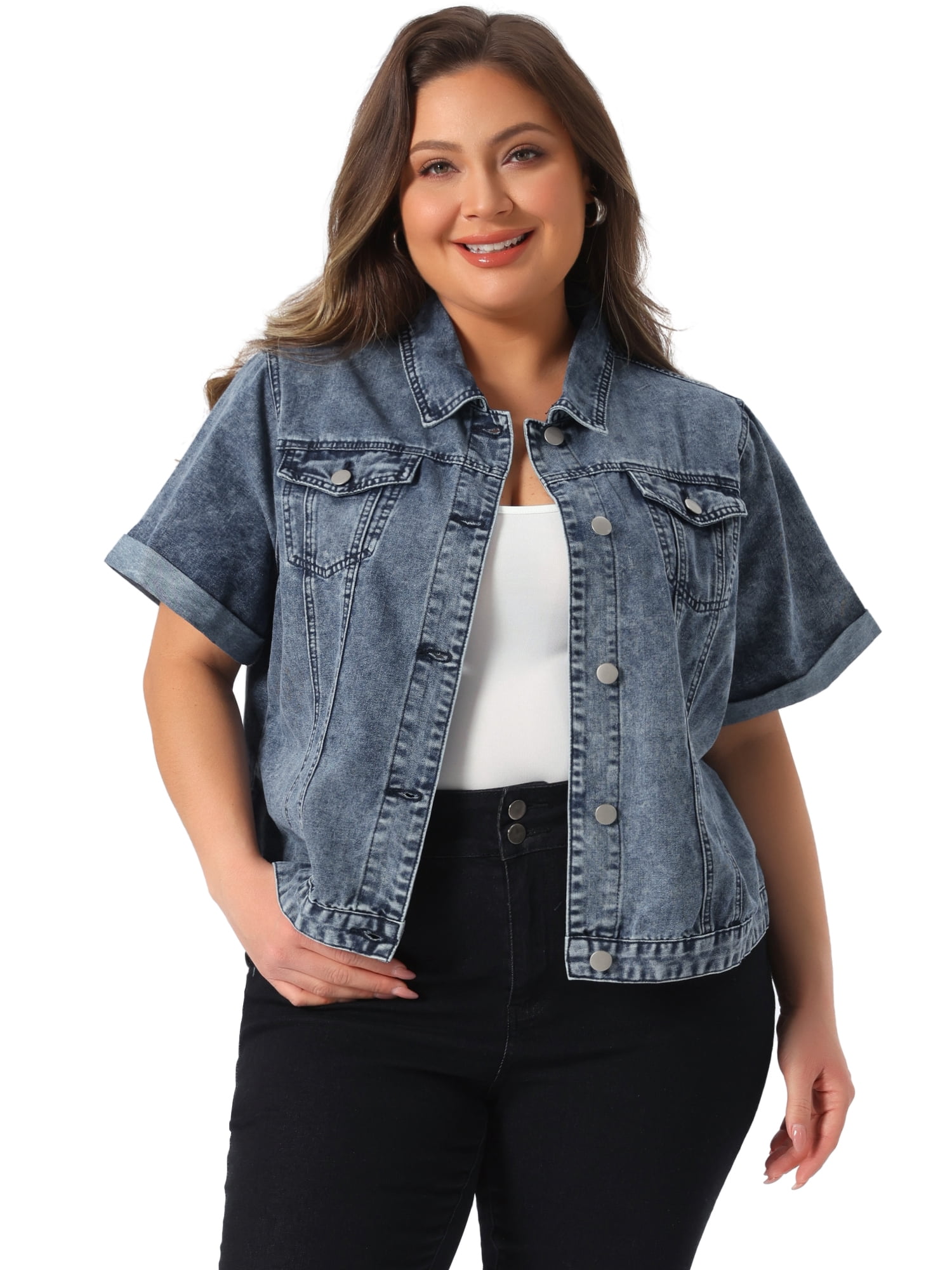 DARING DIVA Women's Plus Size Short Sleeve Lapel Button Denim Jacket 2X Grey Blue