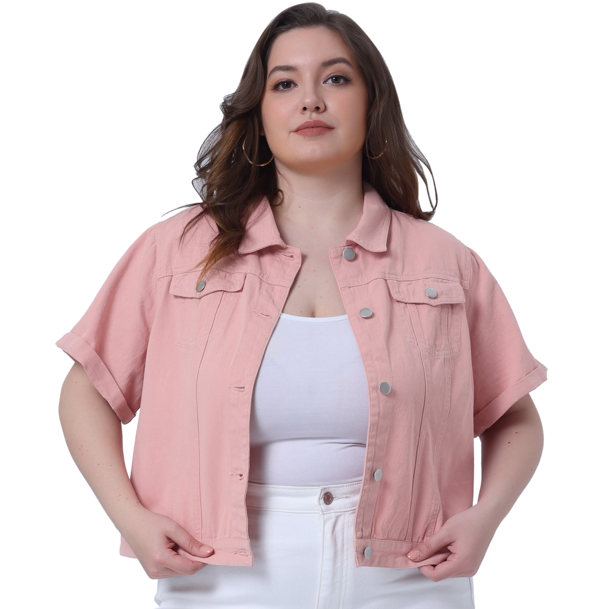 DARING DIVA Women's Plus Size Short Sleeve Lapel Button Denim Jacket 4X Pink