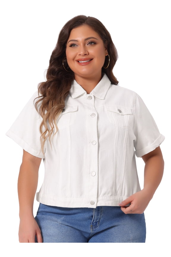Women's Plus Size Short Sleeve Lapel Button Front Denim Jacket 2X White