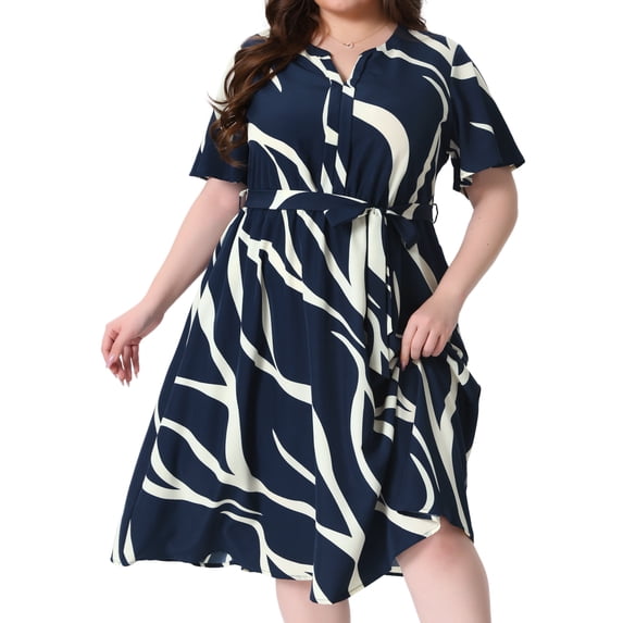 DARING DIVA Women's Plus Size Short Sleeve Notched V Neck Midi Dress 1X Royal Blue