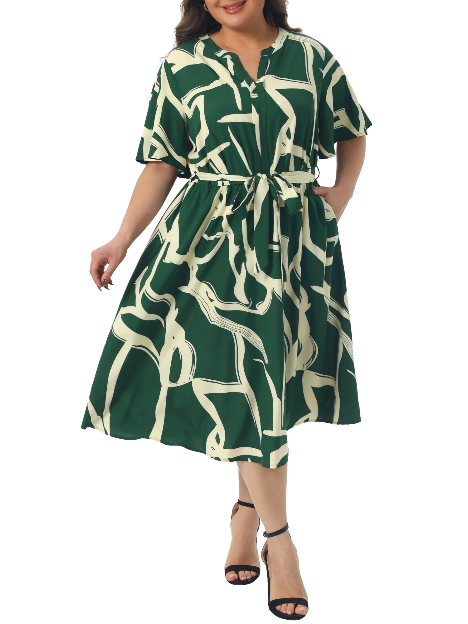 DARING DIVA Women's Plus Size Short Sleeve Notched V Neck Midi Dress 2X Dark Green