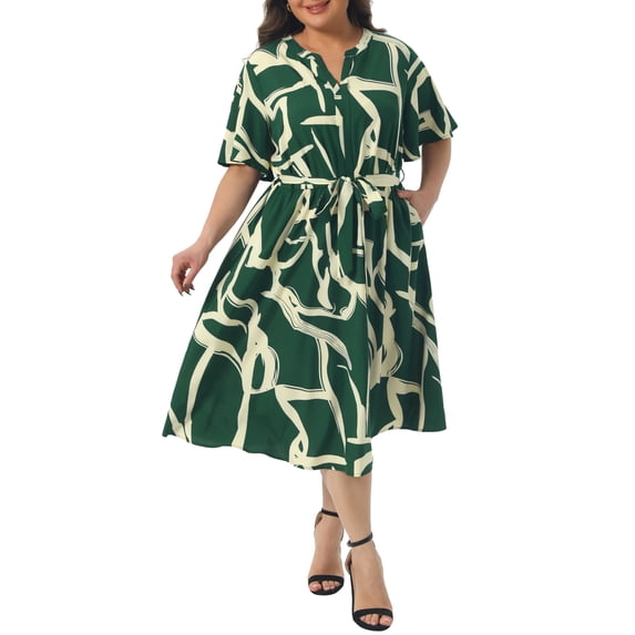 DARING DIVA Women's Plus Size Short Sleeve Notched V Neck Midi Dress 2X Dark Green