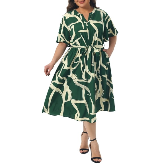 DARING DIVA Women's Plus Size Short Sleeve Notched V Neck Midi Dress 4X Dark Green