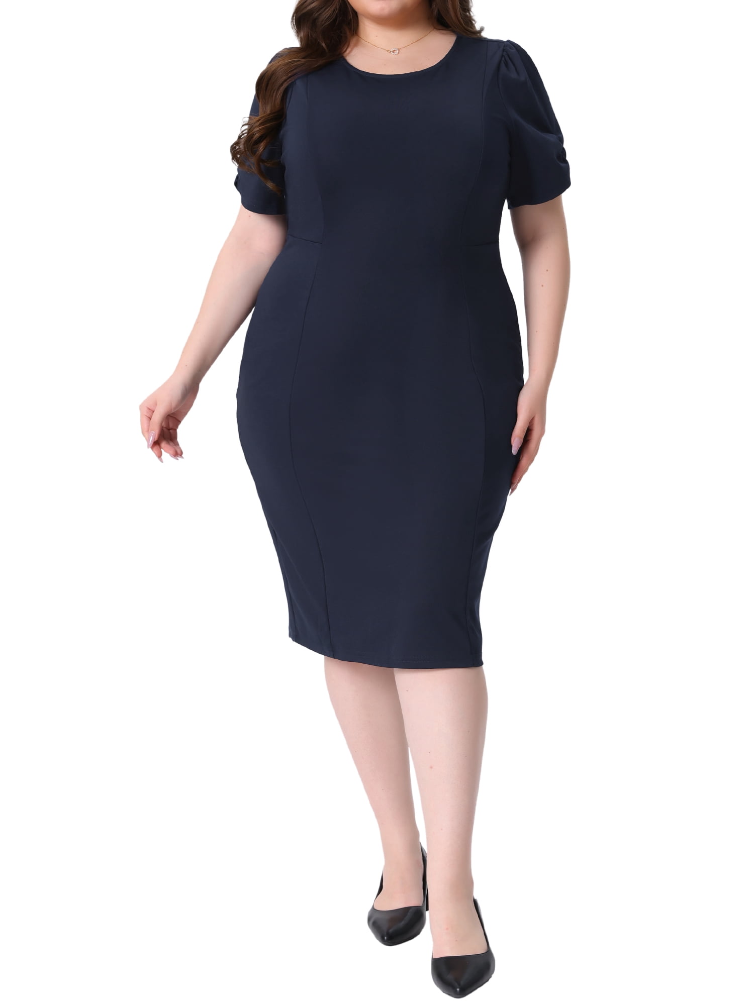 DARING DIVA Women's Plus Size Short Sleeve Sheath Solid Dress 1X Navy Blue
