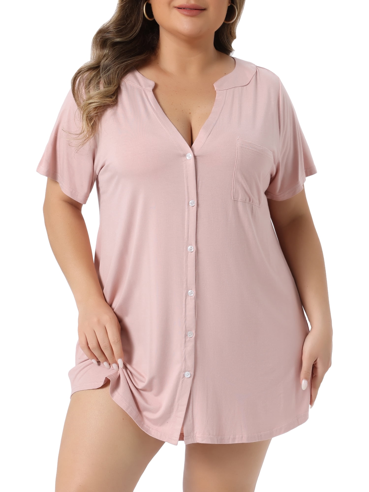 DARING DIVA Women's Plus Soft Short Sleeve Soft Button Down Nightgown 1X Pink