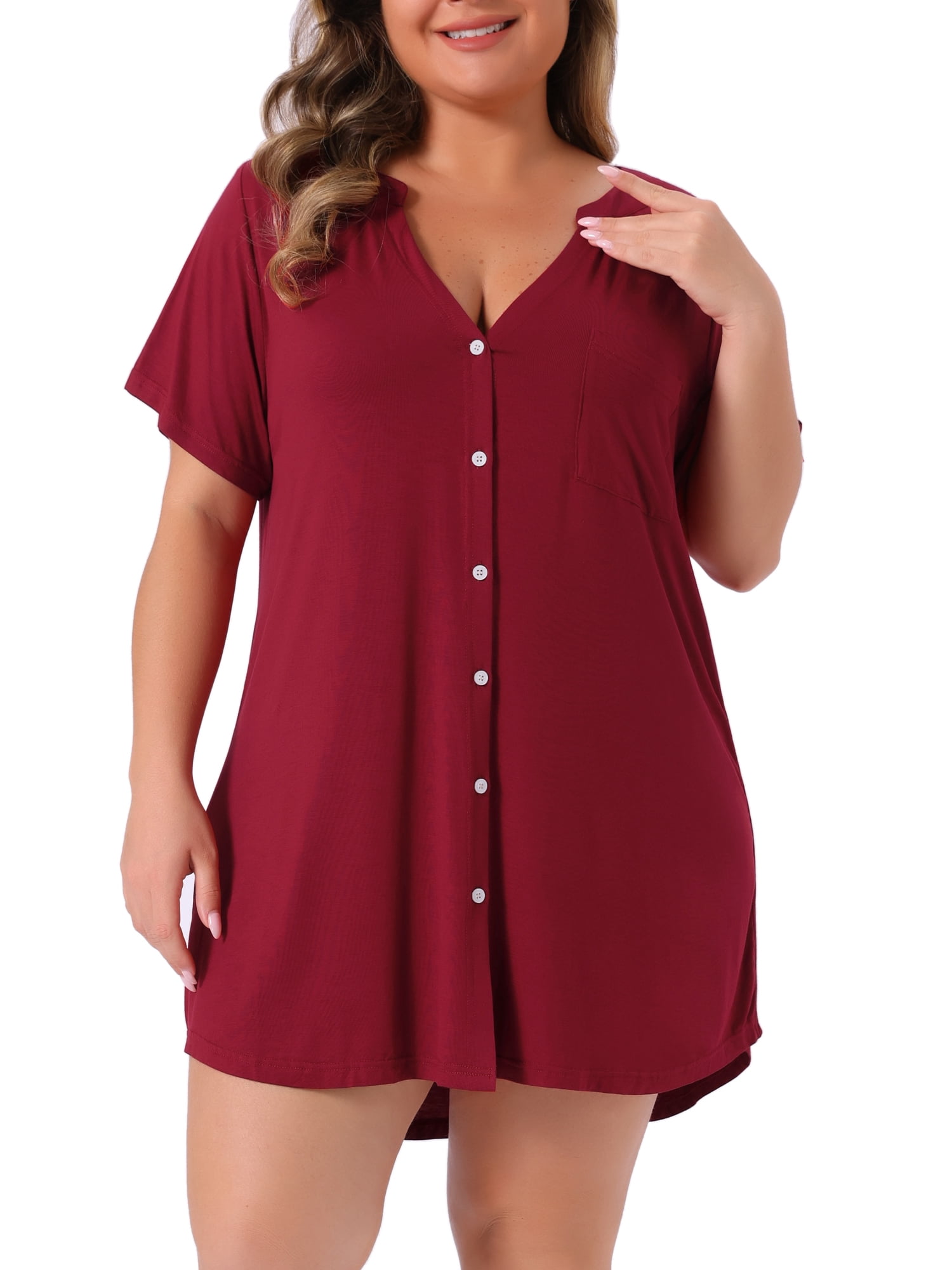 DARING DIVA Women's Plus Soft Short Sleeve Soft Button Down Nightgown 4X Burgundy