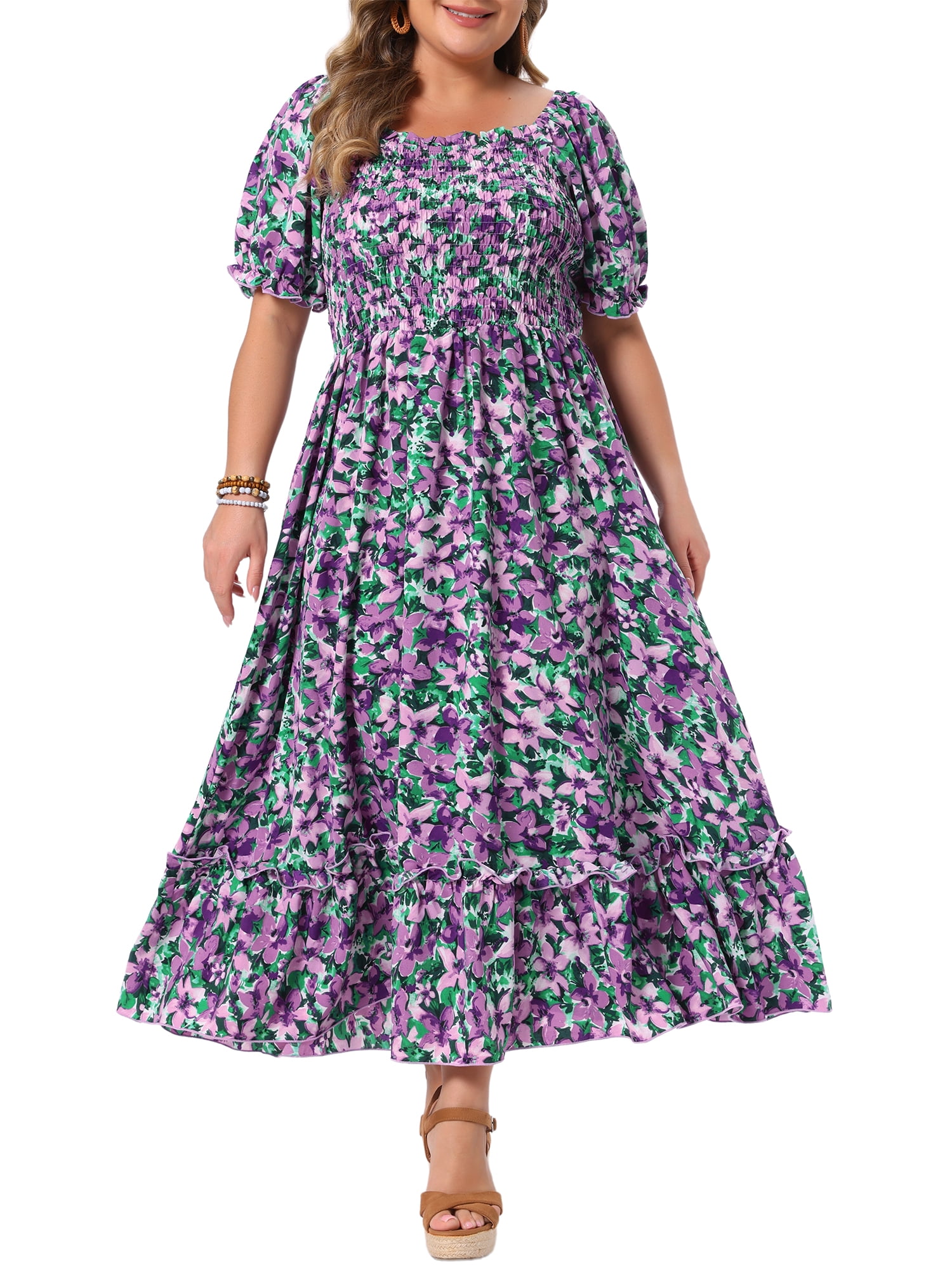 DARING DIVA Women's Plus Size Short Sleeve Square Neck Maxi Floral Dress 1X Purple