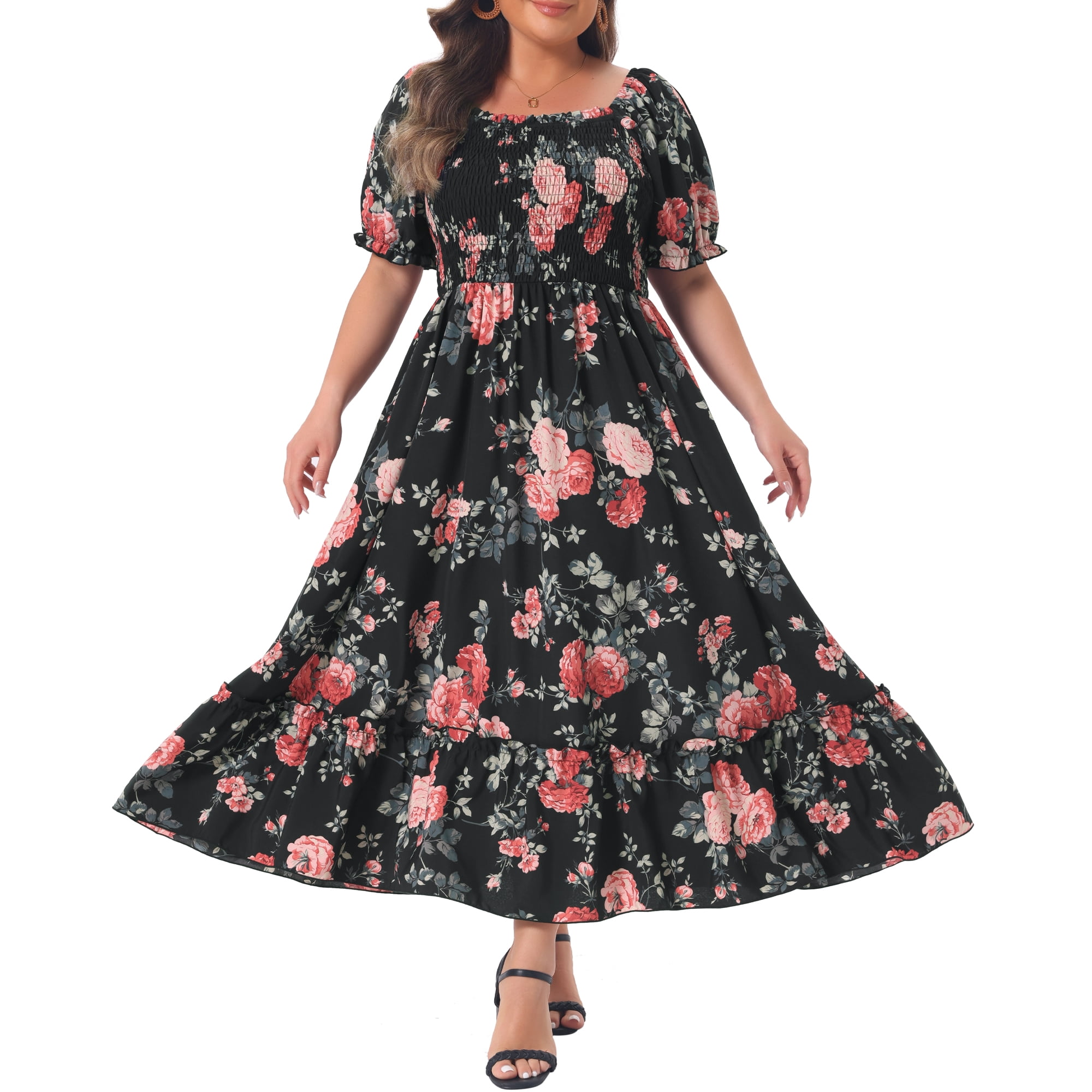 DARING DIVA Women's Plus Size Short Sleeve Square Neck Maxi Floral Dress 3X Black