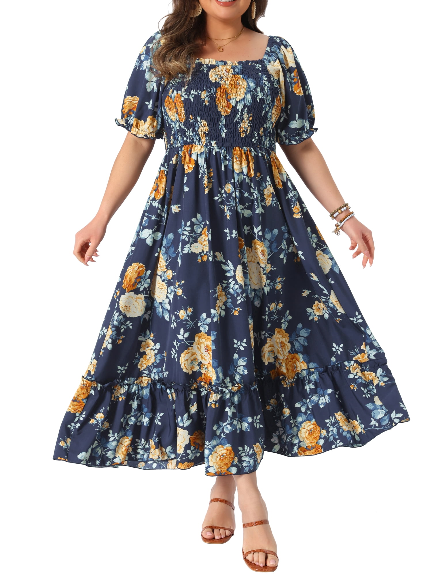 DARING DIVA Women's Plus Size Short Sleeve Square Neck Maxi Floral Dress 4X Navy Blue