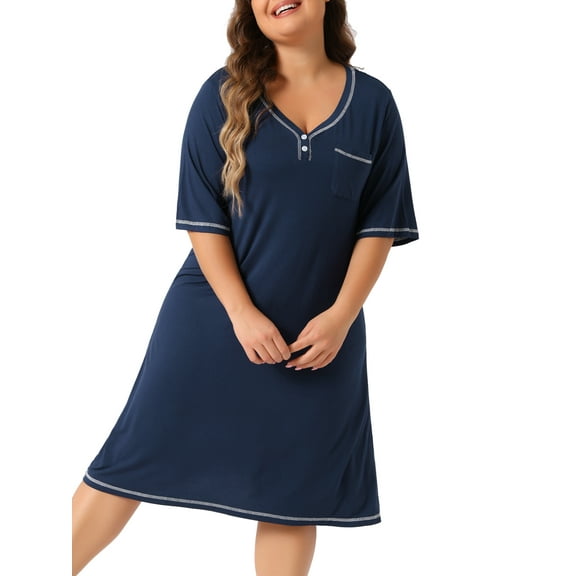 DARING DIVA Women's Plus Size Short Sleeve V Neck Nightgowns 1X Navy Blue