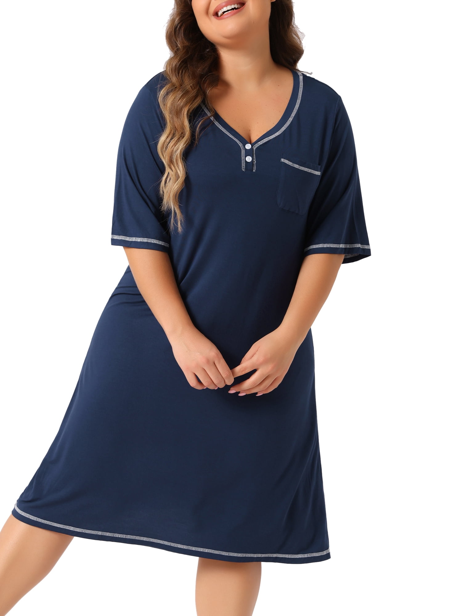 DARING DIVA Women's Plus Soft V-Neck Short Sleeve V Neck Nightgowns 2X Navy Blue