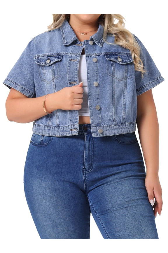 Women's Plus Size Short Sleeves Button Down Cropped Jackets 1X Gray Blue