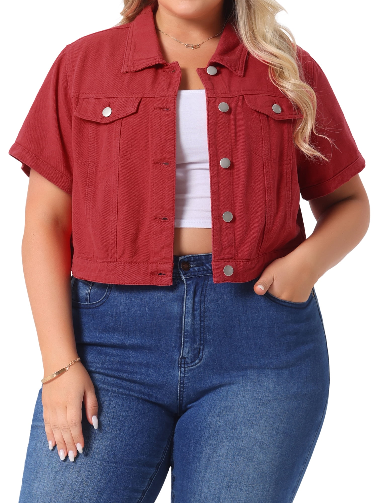 DARING DIVA Women's Plus Size Short Sleeves Button Down Jean Jacket 1X Red