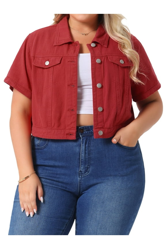 Women's Plus Size Short Sleeves Button Down Cropped Jackets 2X Red