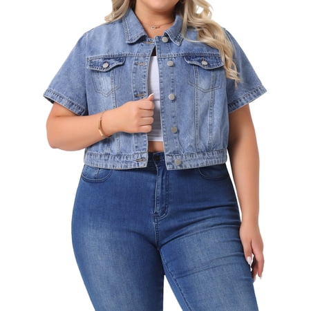 DARING DIVA Women's Plus Size Short Sleeves Button Down Jean Jacket 4X Gray Blue