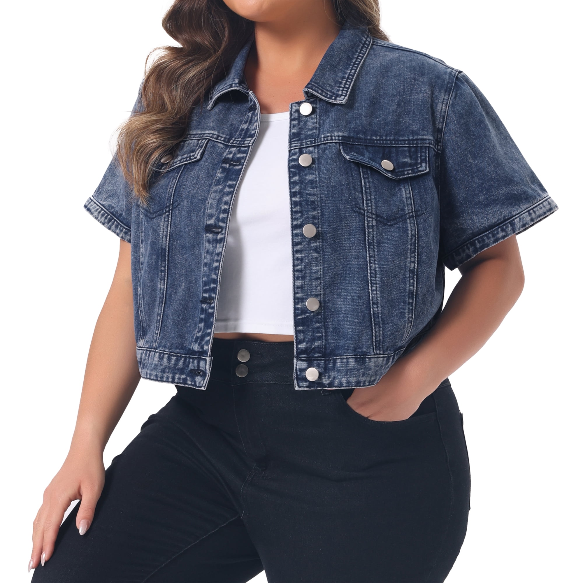 DARING DIVA Women's Plus Size Short Sleeves Button Down Jean Jacket 2X Snow Washed Blue