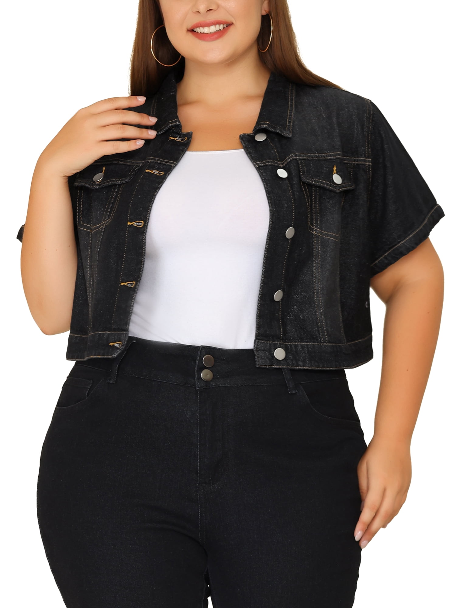 DARING DIVA Women's Plus Size Short Sleeves Button Down Jean Jacket 5X Black