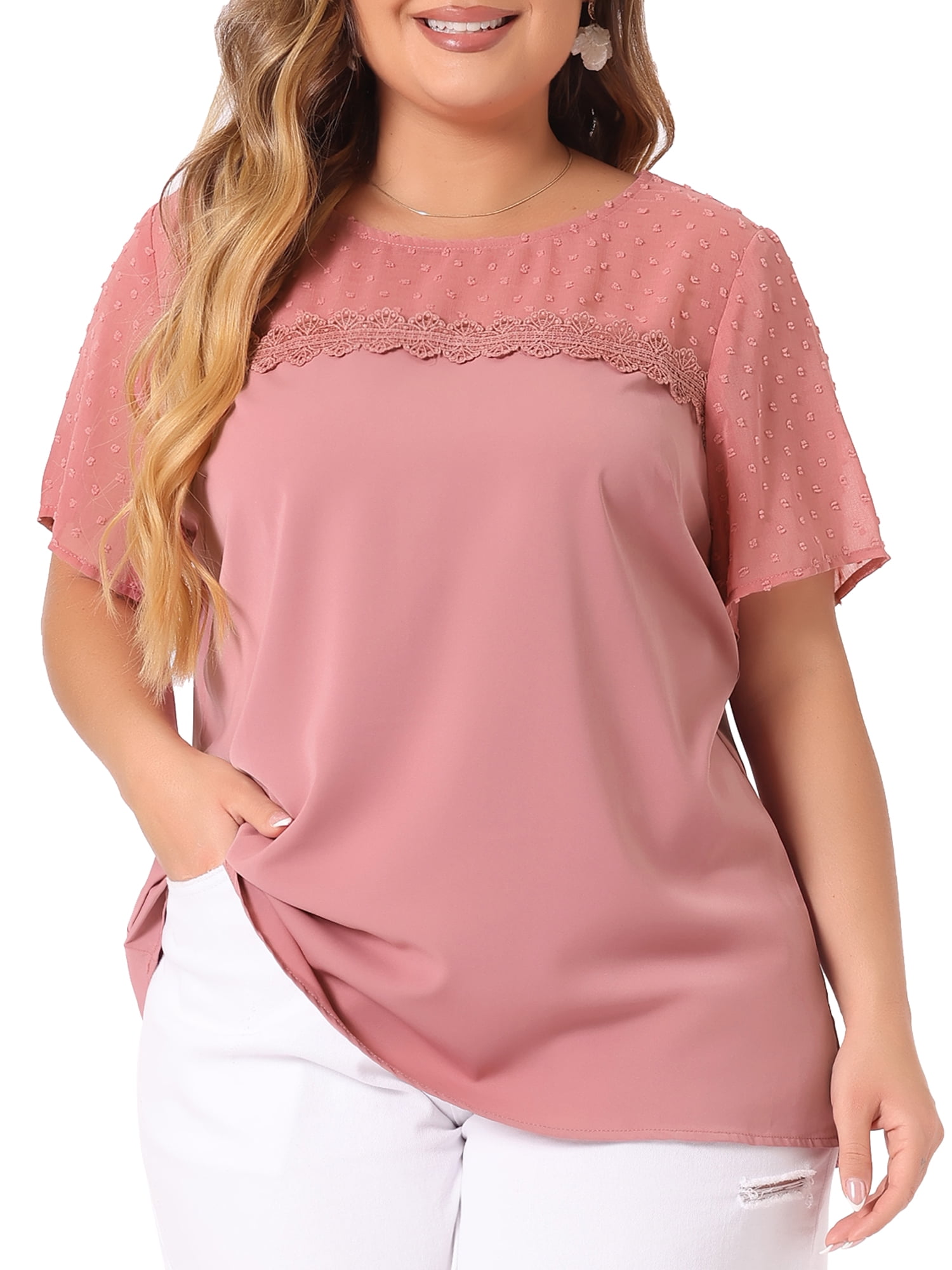 DARING DIVA Women's Plus Size Short Sleeves Polka Dots Lace Panel Top 4X Pink