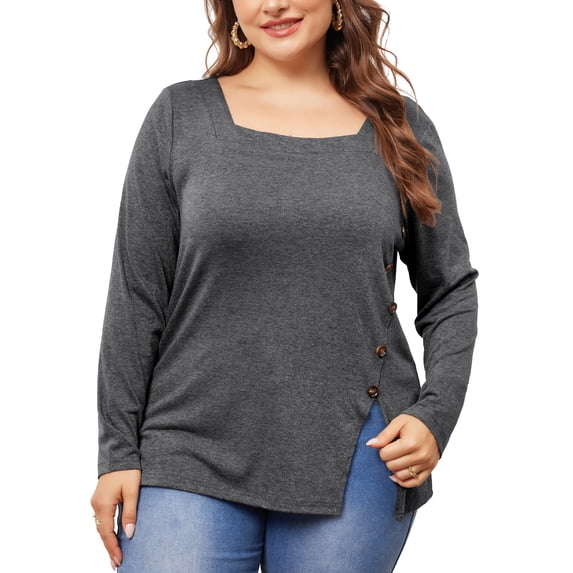 DARING DIVA Women's Plus Size Side Button Square Neck Long Sleeve Blouse 1X Grey