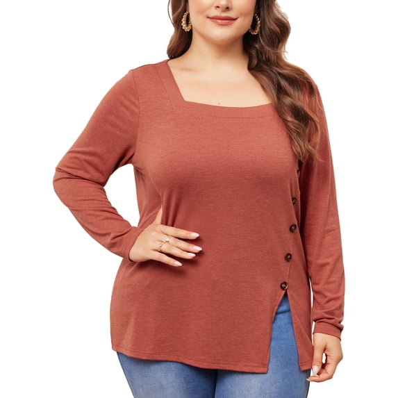 DARING DIVA Women's Plus Size Side Button Square Neck Long Sleeve Blouse 1X Red Brown
