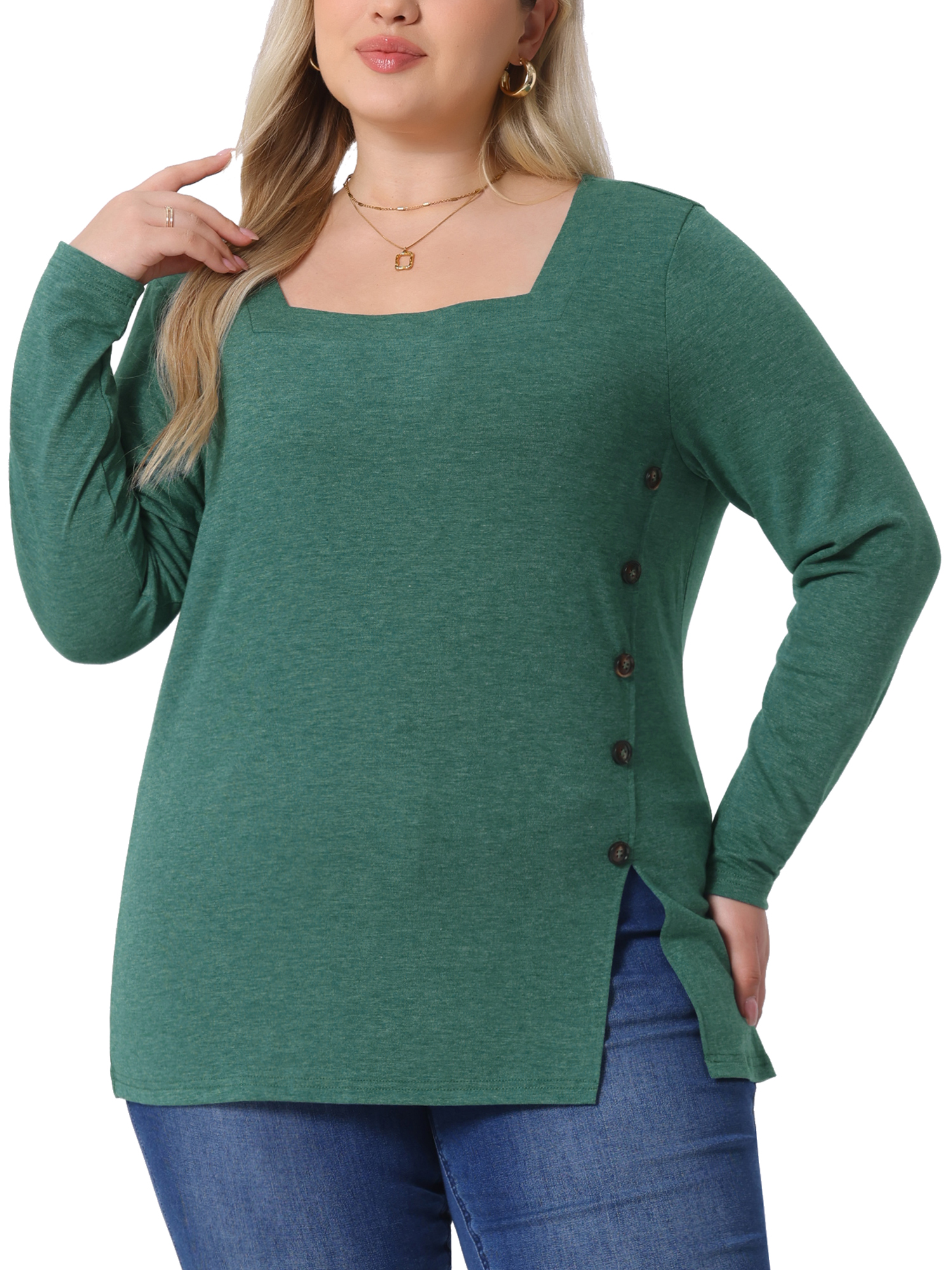 DARING DIVA Women's Plus Size Side Button Square Neck Long Sleeve Blouse 2X Green