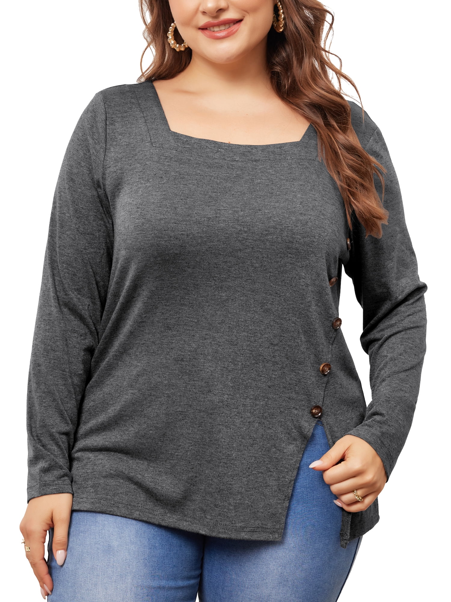 DARING DIVA Women's Plus Size Side Button Square Neck Long Sleeve Blouse 4X Grey
