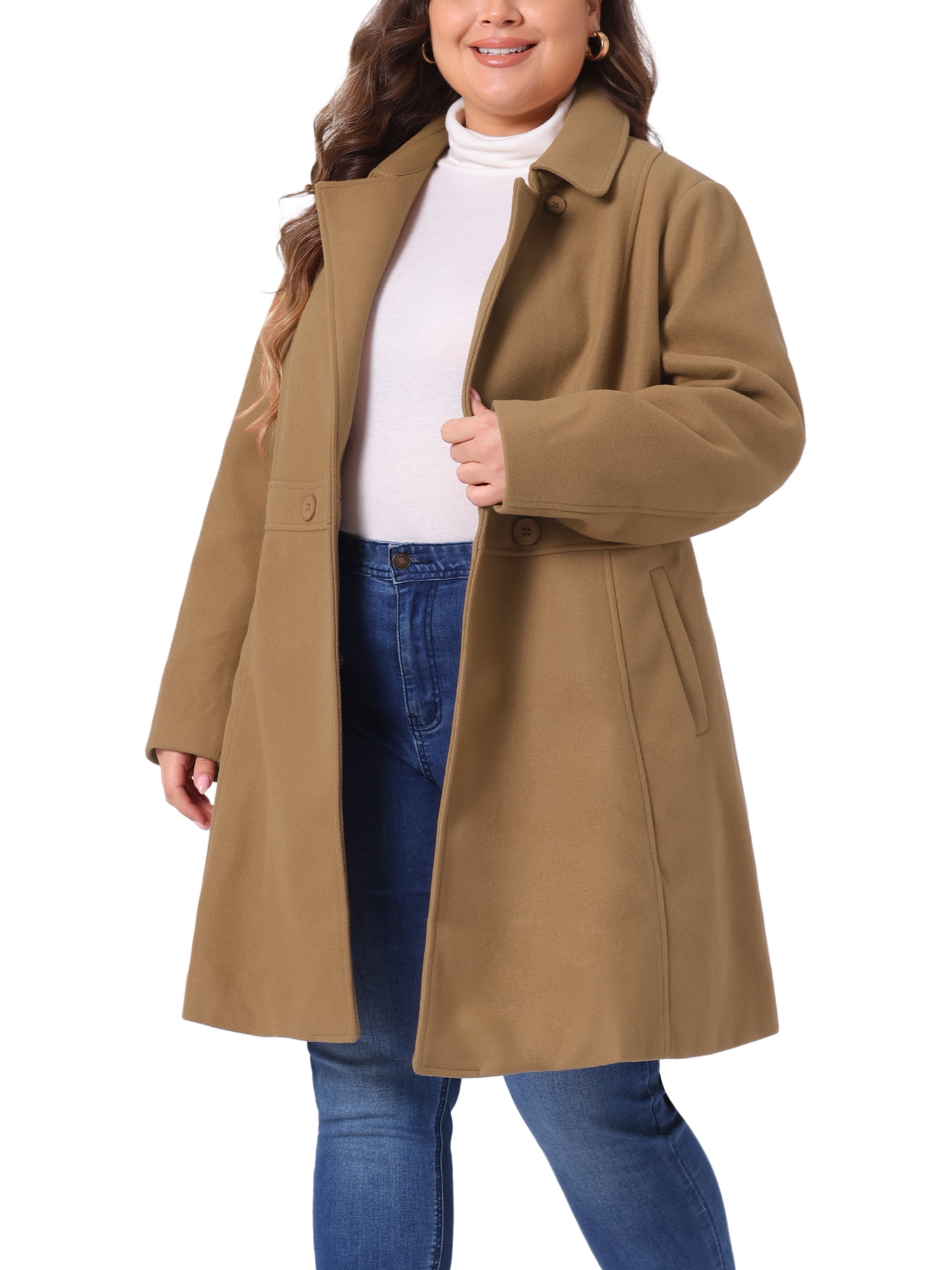 DARING DIVA Women's Plus Size Notched Lapel Single Breasted Coat 2X Camel