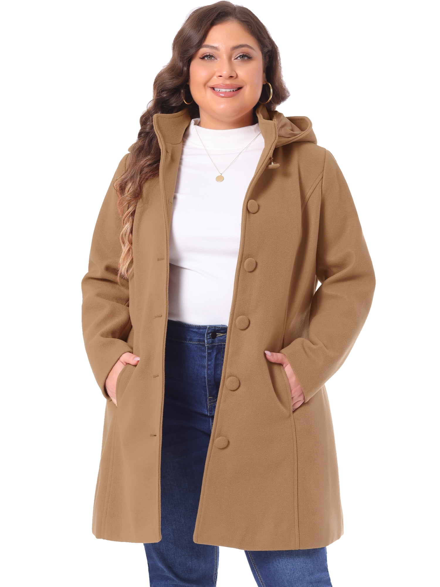 DARING DIVA Women's Plus Size Single Breasted Detachable Hooded Overcoat 1X Camel