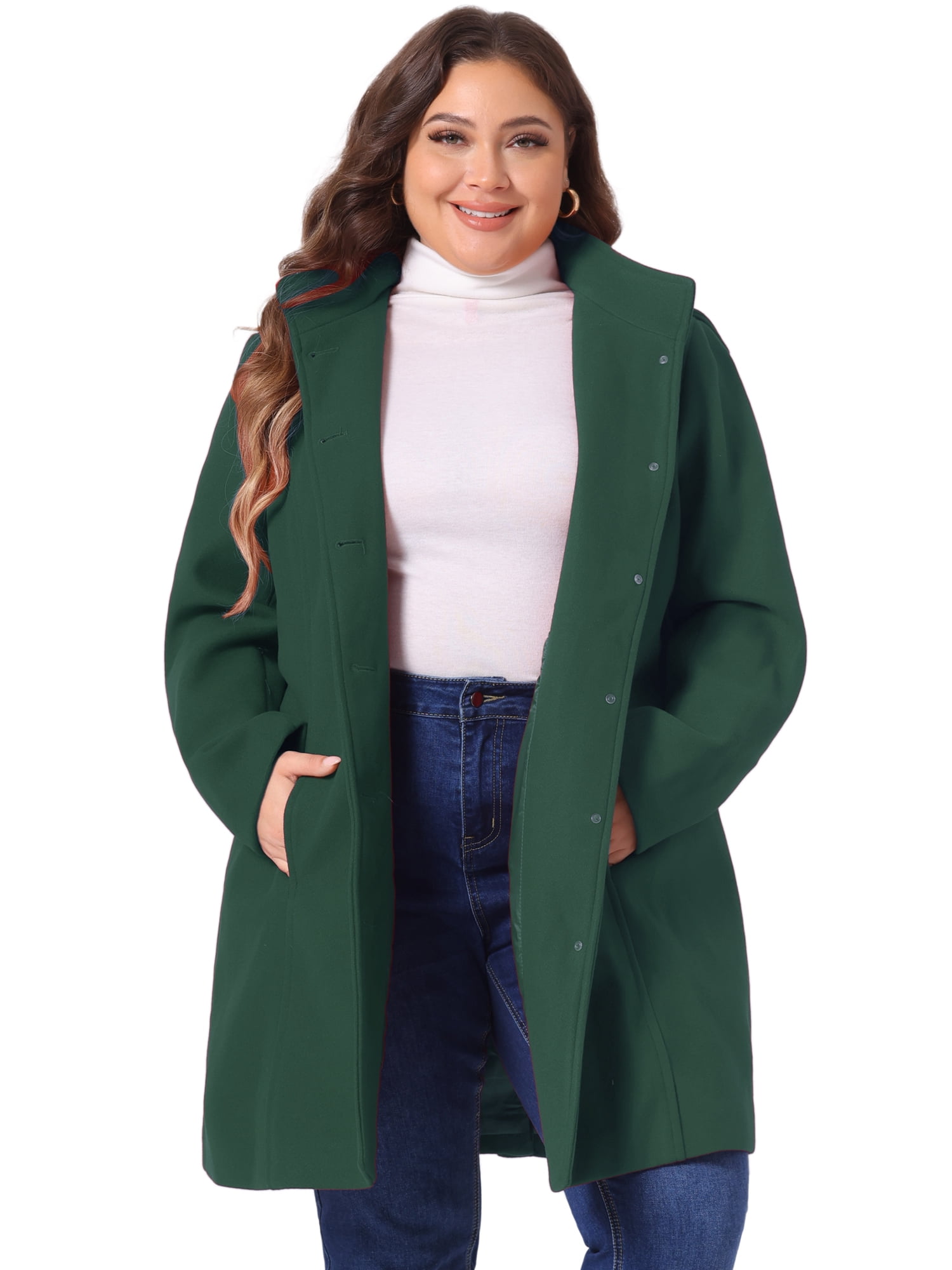DARING DIVA Women's Plus Size Single Breasted Detachable Hooded Overcoat 3X Dark Green