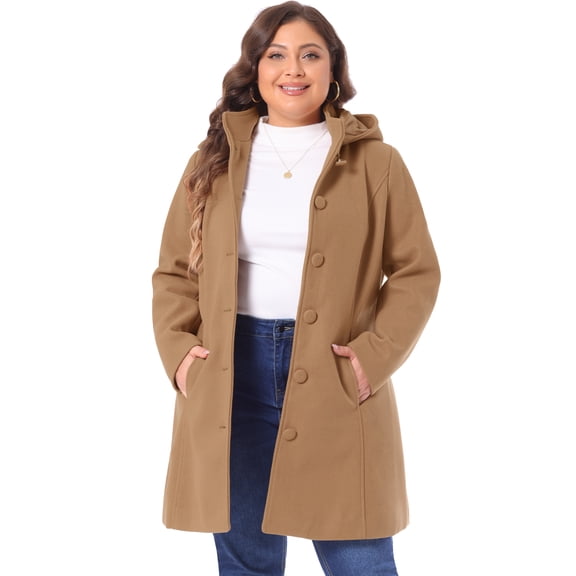 DARING DIVA Women's Plus Size Single Breasted Detachable Hooded Overcoat 4X Camel