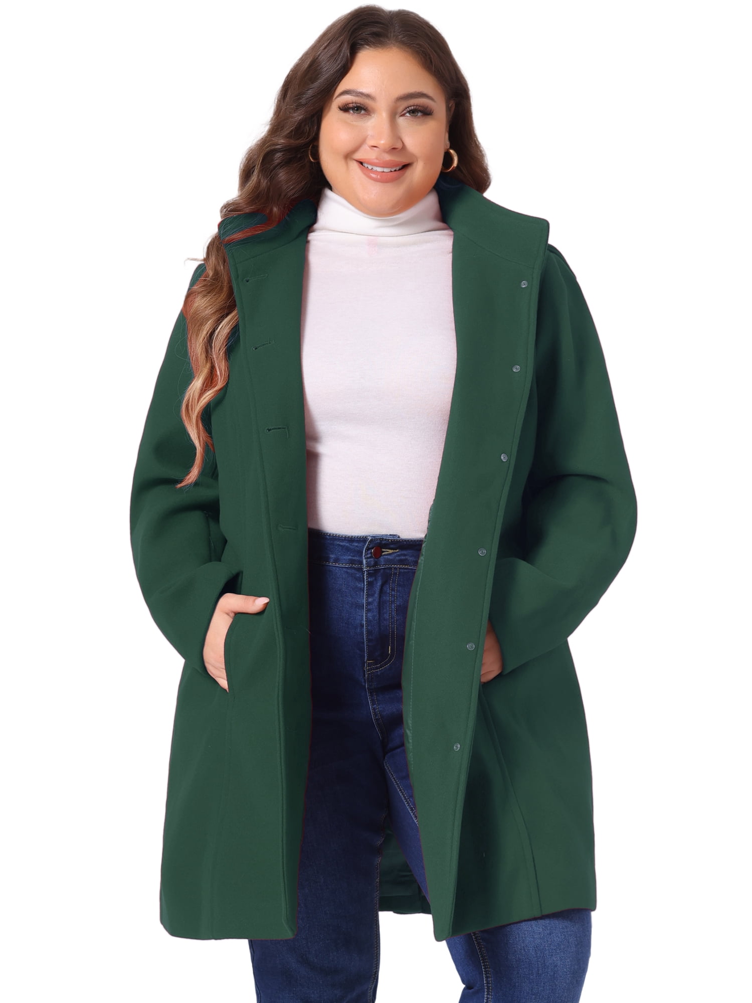 DARING DIVA Women's Plus Size Single Breasted Detachable Hooded Overcoat 4X Dark Green