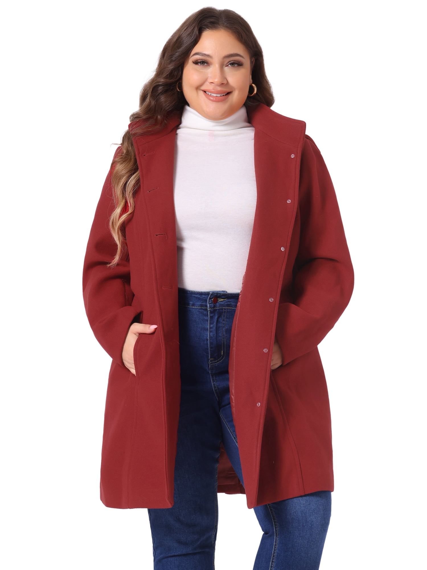 DARING DIVA Women's Plus Size Single Breasted Detachable Hooded Overcoat 4X Dark Red
