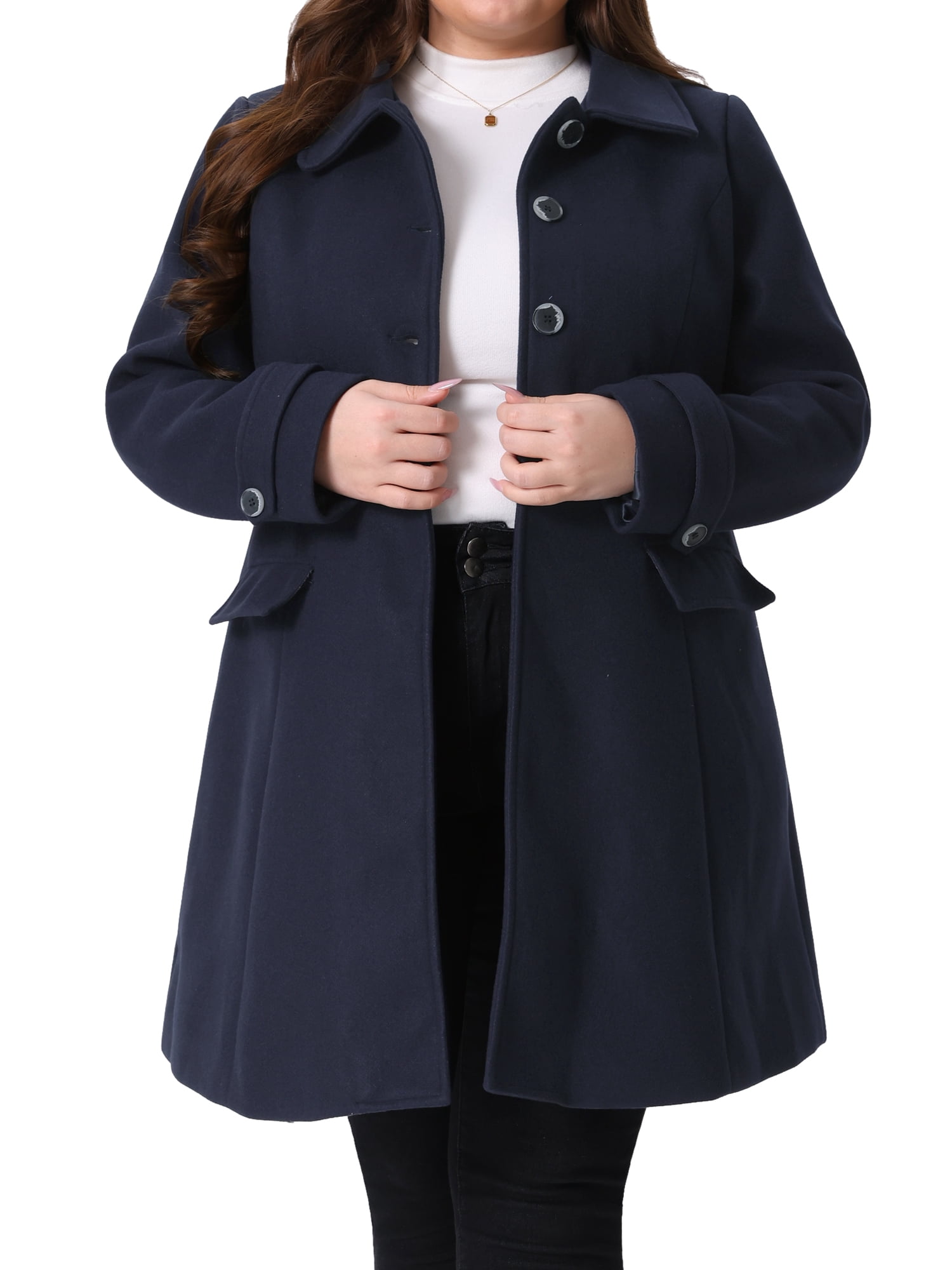 DARING DIVA Women's Plus Size Single Breasted Trench Coat with Pockets 1X Dark Blue
