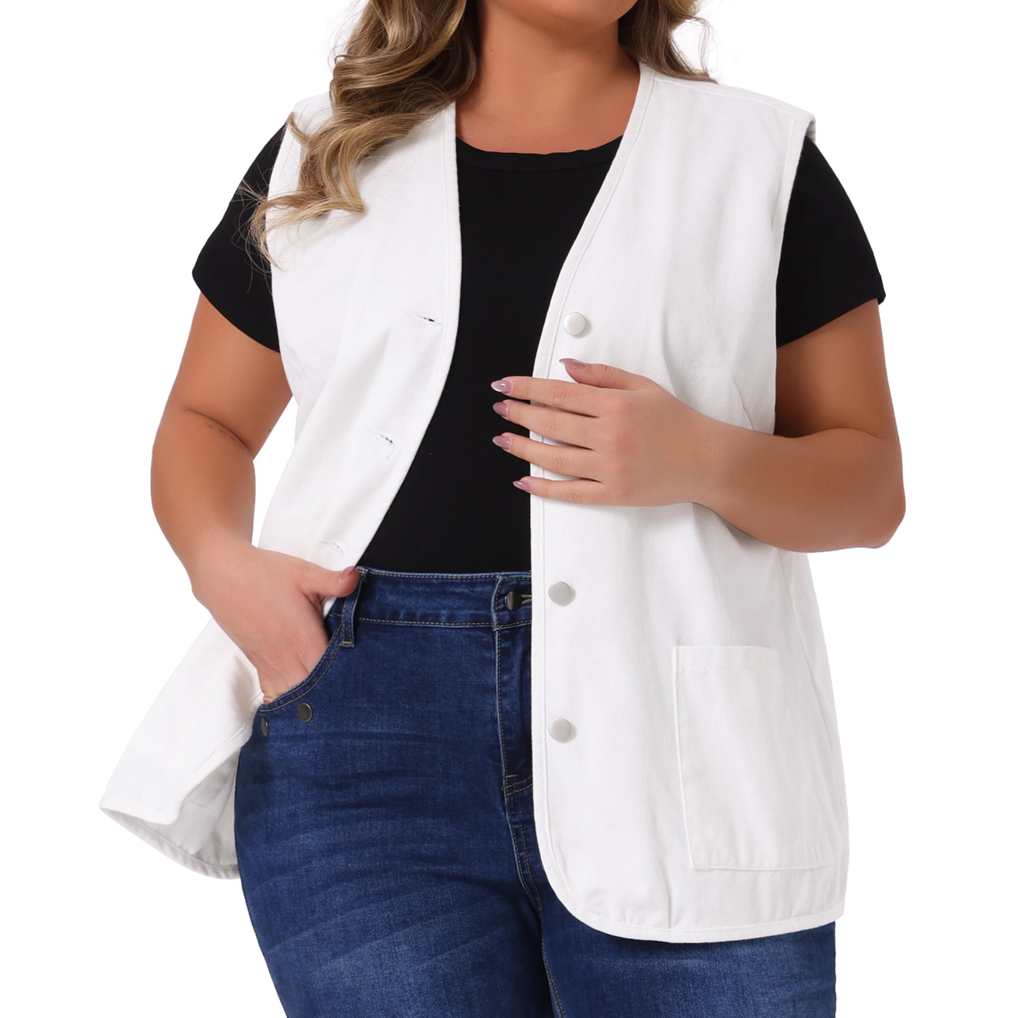 DARING DIVA Women's Plus Size Sleeveless Button Down Denim Waistcoat Vest 2X White
