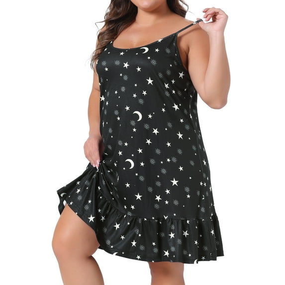 DARING DIVA Women's Plus Size Sleeveless Fruit Pattern Sleep Dress 1X Black