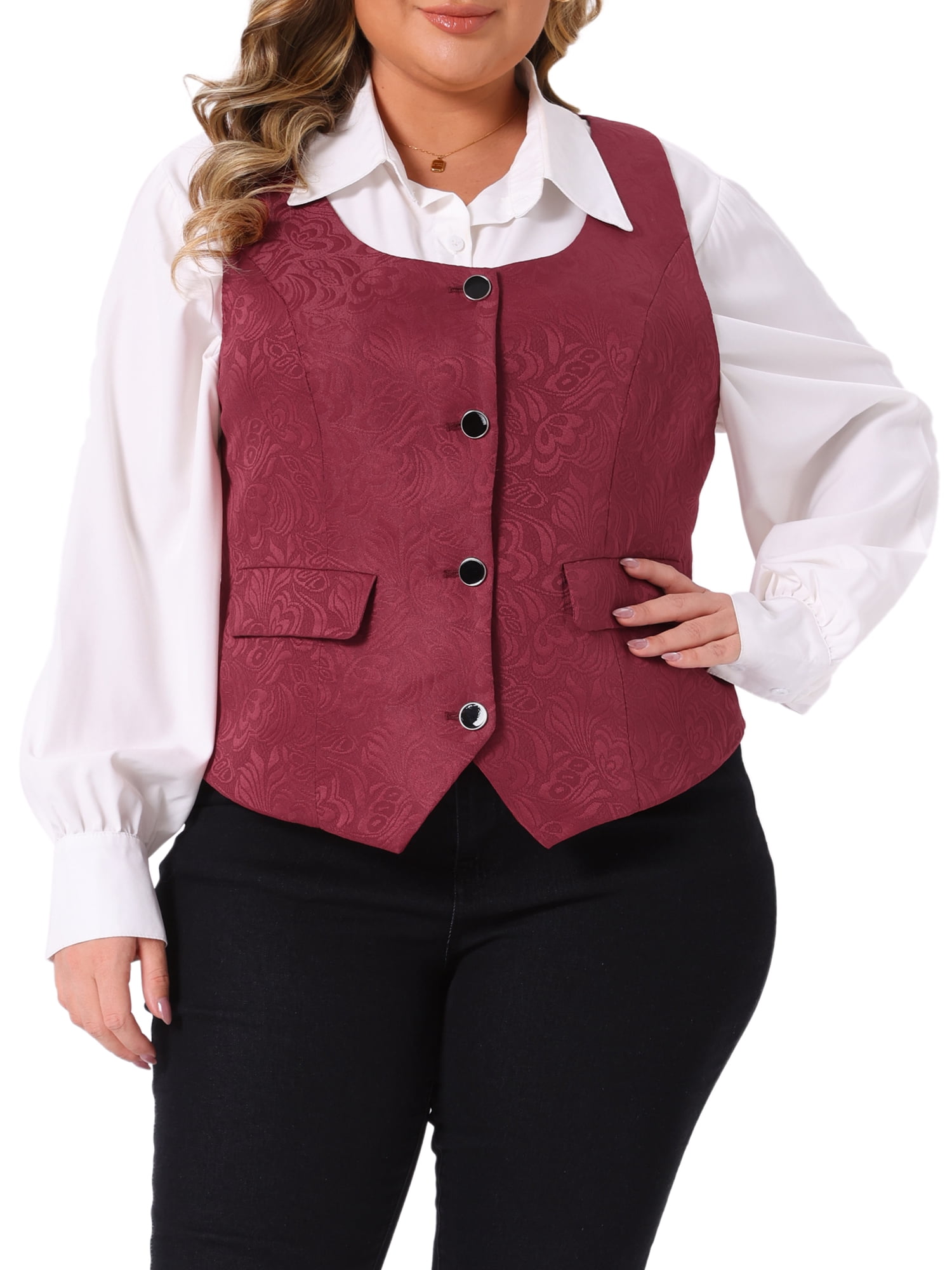 DARING DIVA Women's Plus Size Sleeveless Jacquard Vest 1X Burgundy