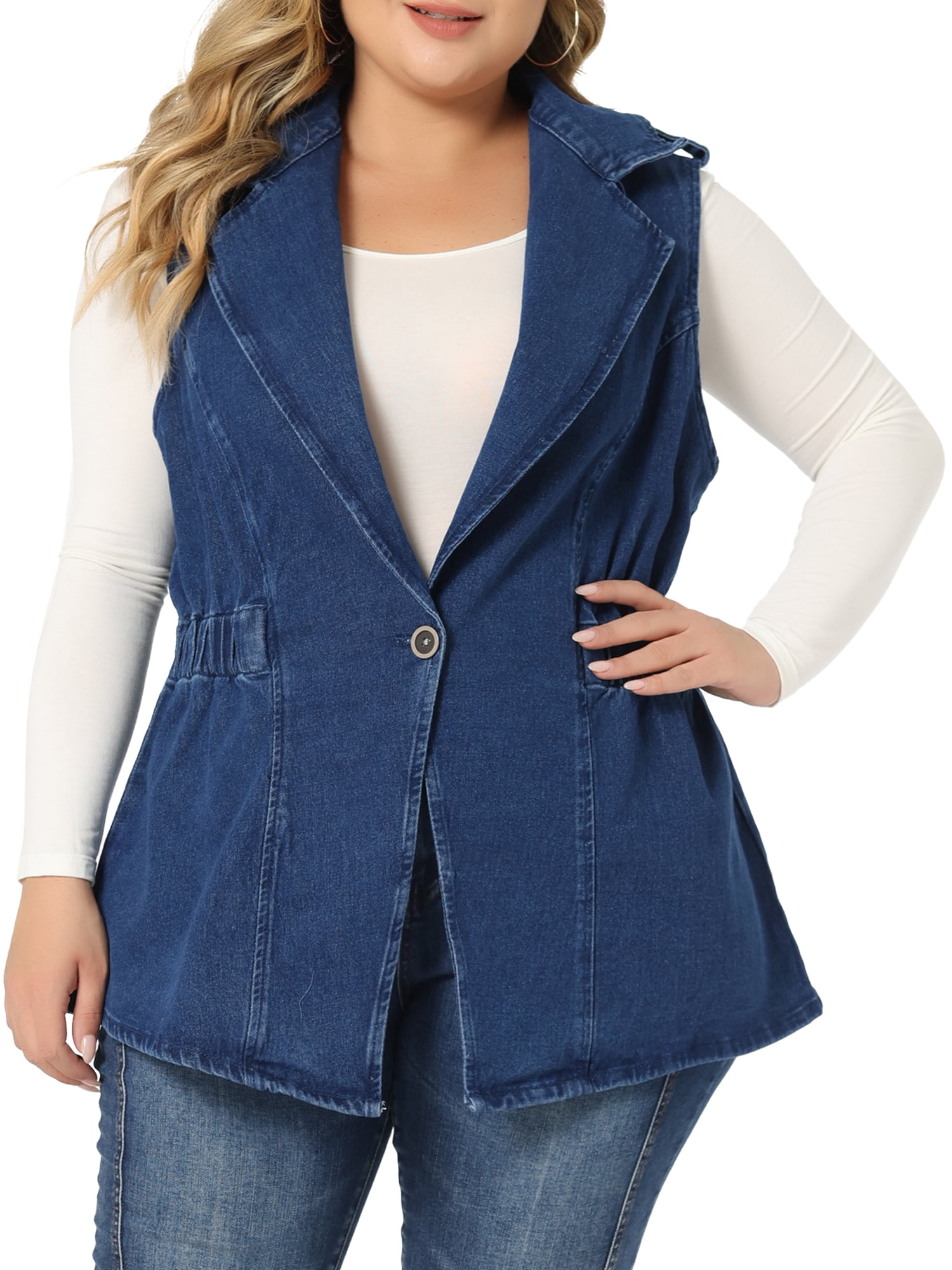 DARING DIVA Women's Plus Size Sleeveless Lapel Button Elastic Waist Jackets 3X Dark Blue