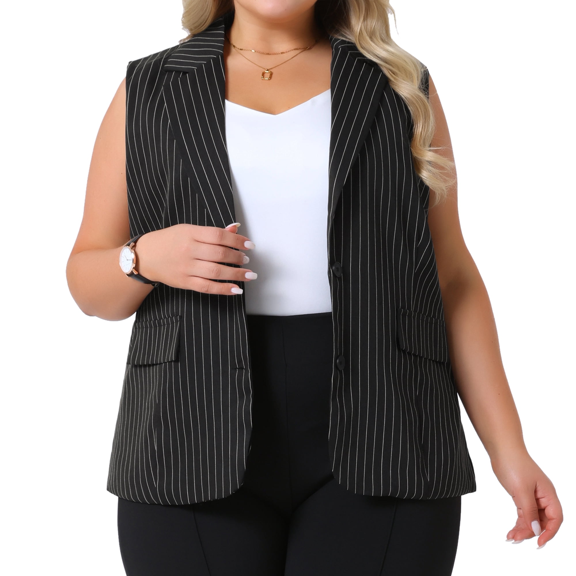 DARING DIVA Women's Plus Size Sleeveless Lapel V Neck Stripes Vest 3X Black