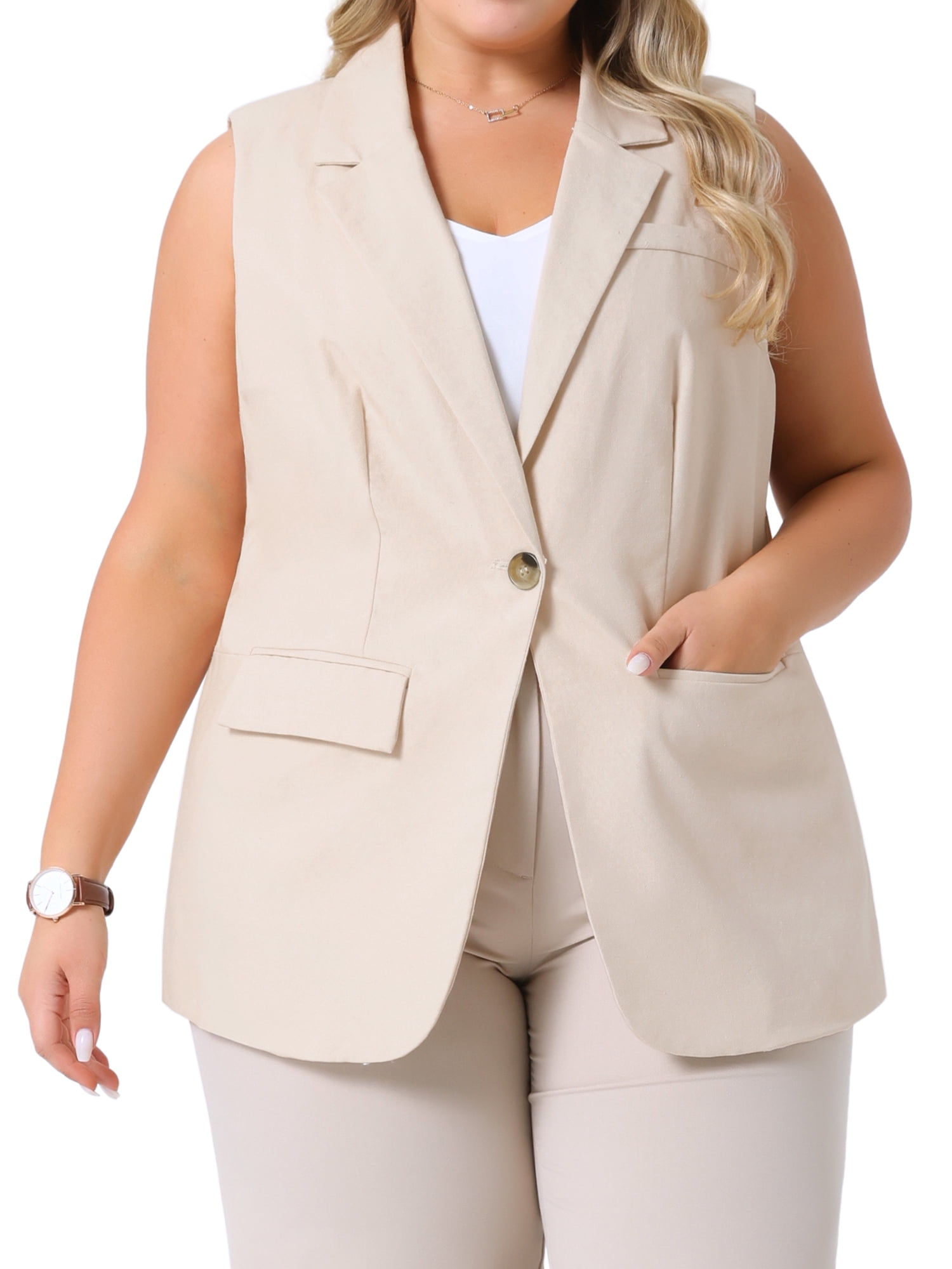 DARING DIVA Women's Plus Size Sleeveless Lined Padded Linen Blazer Vest 2X Apricot