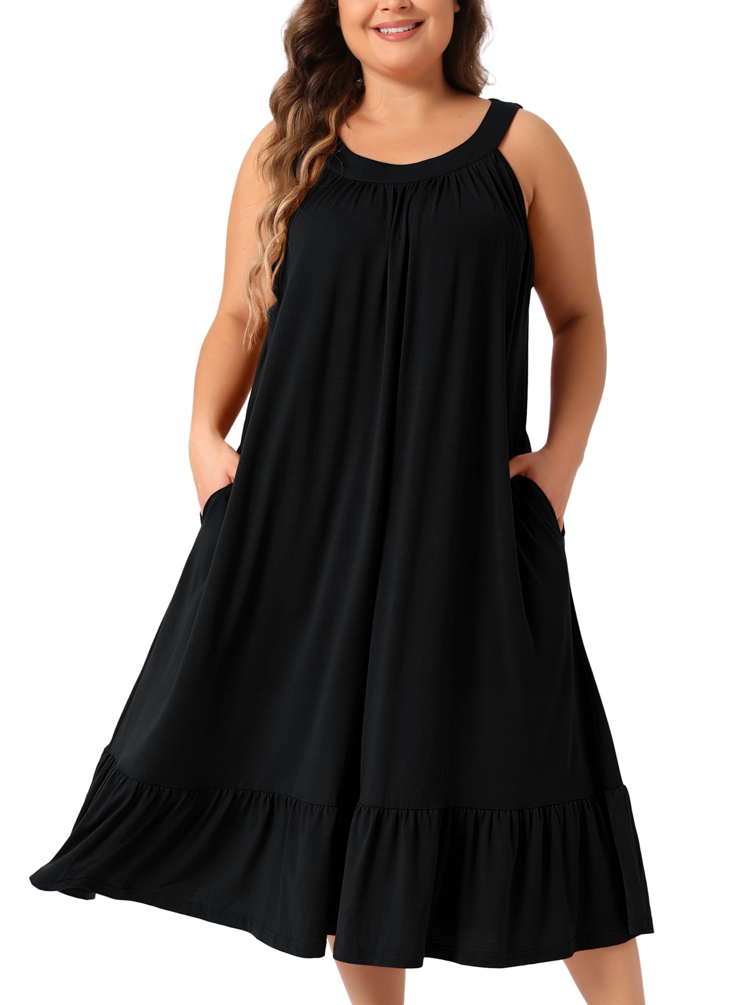 DARING DIVA Women's Plus Size Sleeveless Nightgown with Pockets Black 3X
