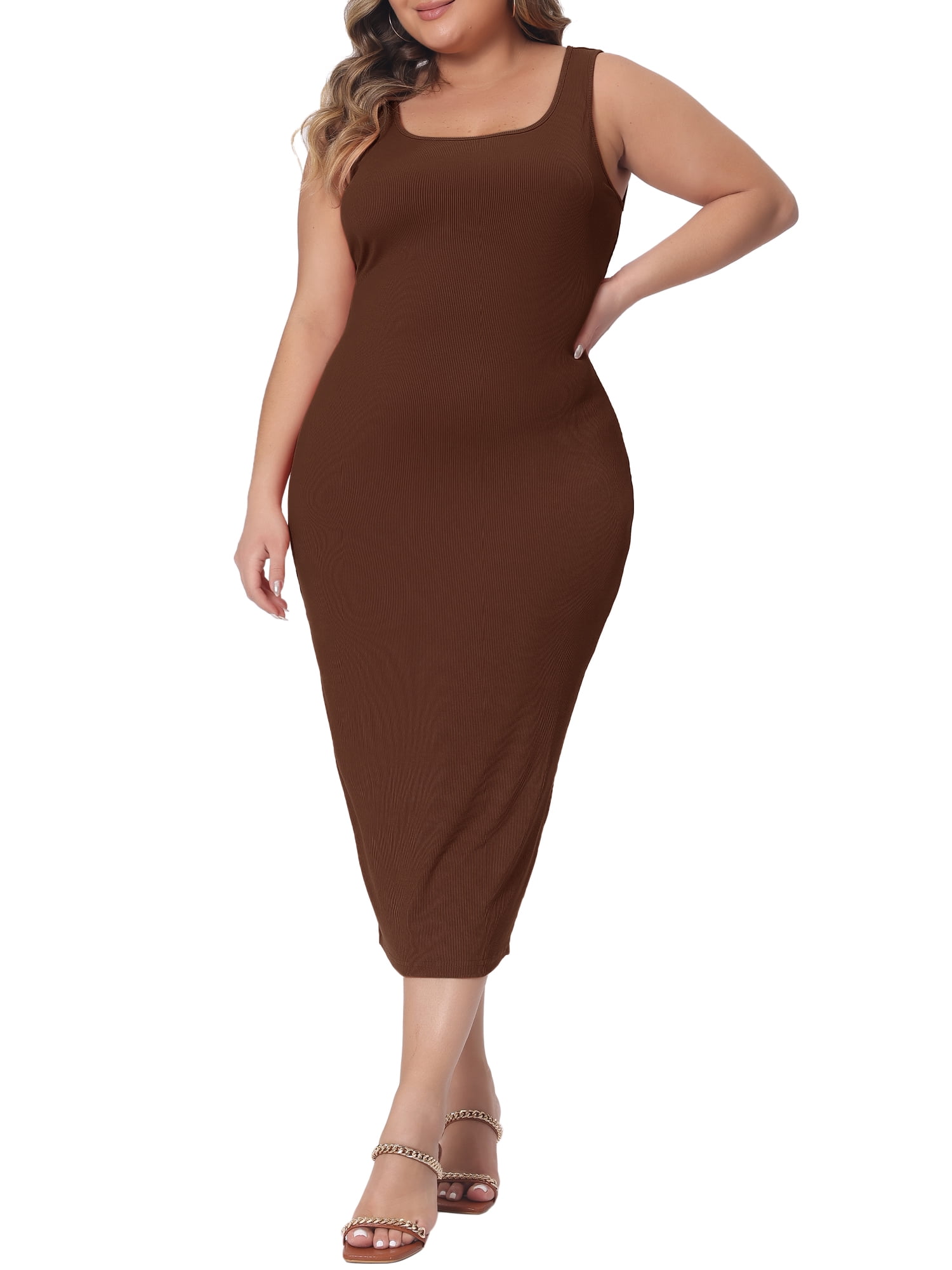 DARING DIVA Women's Plus Size Sleeveless Square Neck Bodycon Midi Tank Dress 4X Brown
