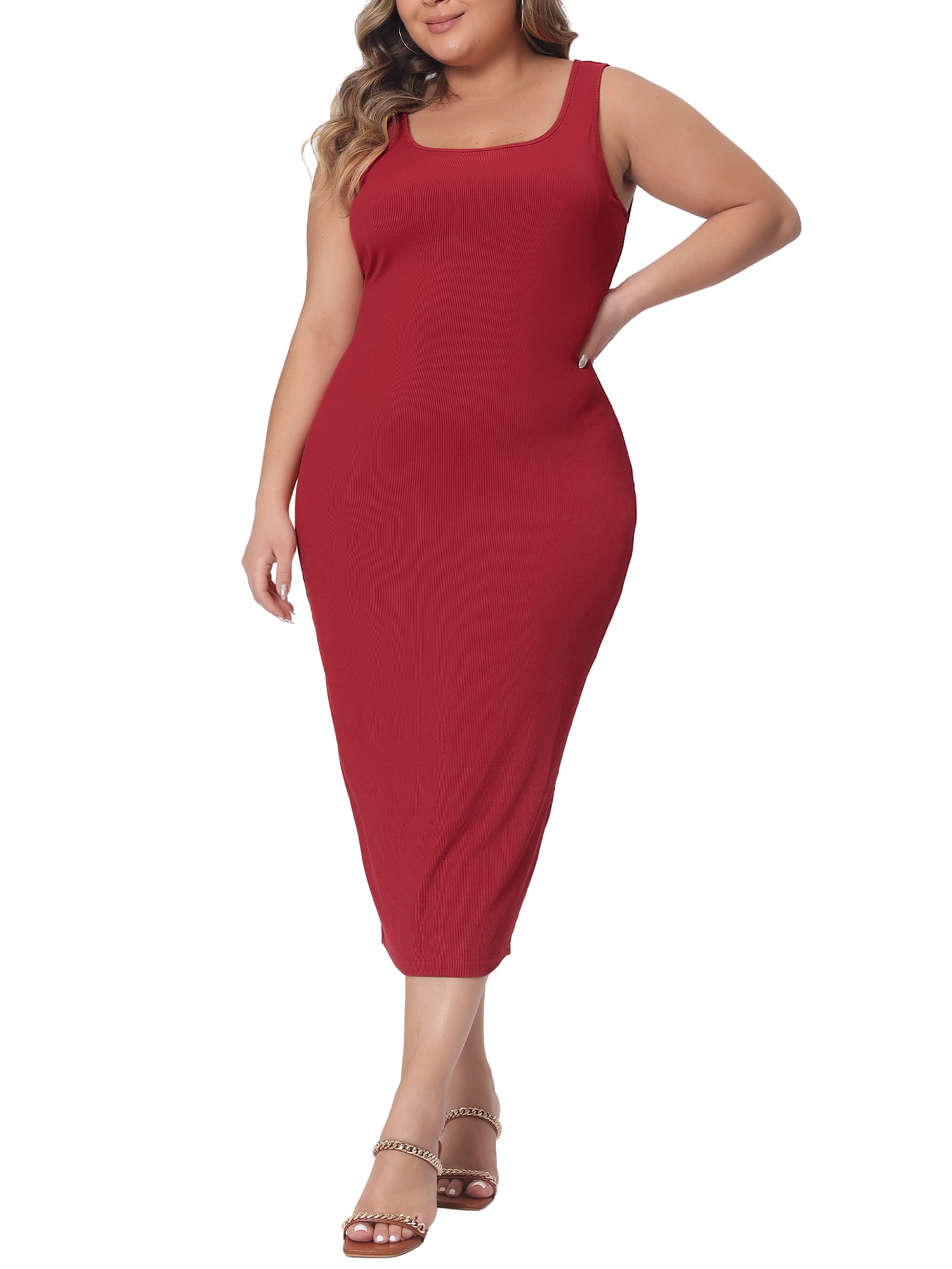 DARING DIVA Women's Plus Size Sleeveless Square Neck Bodycon Midi Tank Dress 4X Burgundy